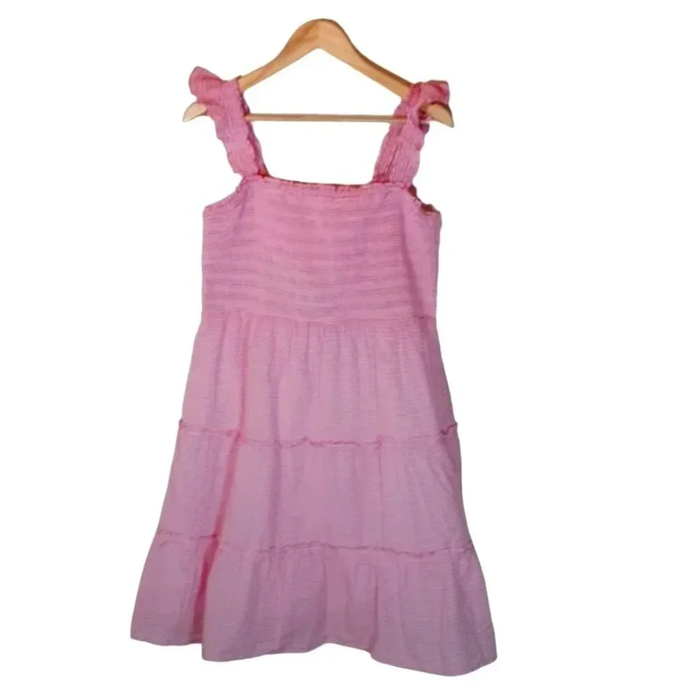 J Crew Striped smocked tiered mini dress in pink/white size Large - Picture 1 of 13